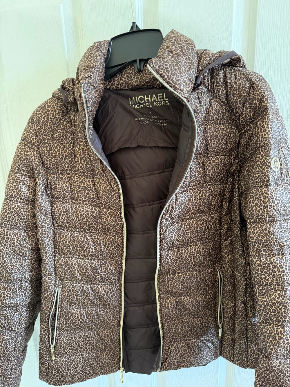 Michael Kors Brown Packable Down Jacket with Leopard Trim